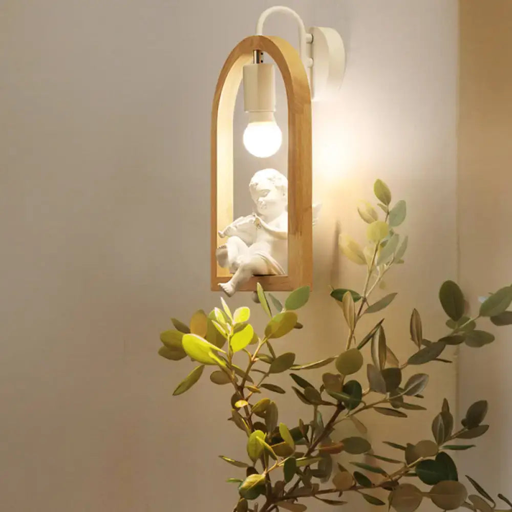 Modern beige wooden arched wall lamp with bird decor for bedroom