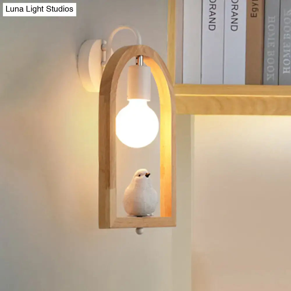 Modern beige wooden arched wall lamp with bird decor for bedroom