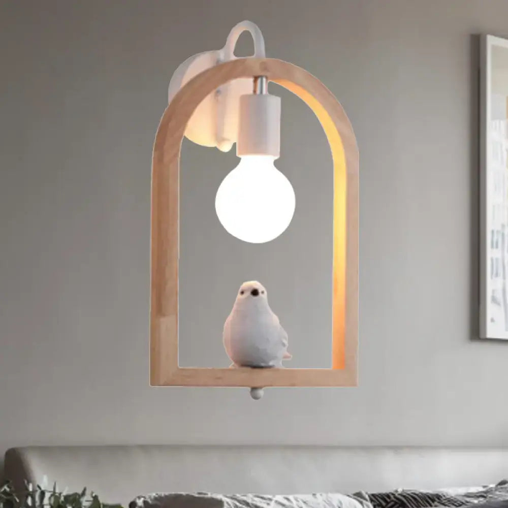 Modern beige wooden arched wall lamp with bird decor for bedroom