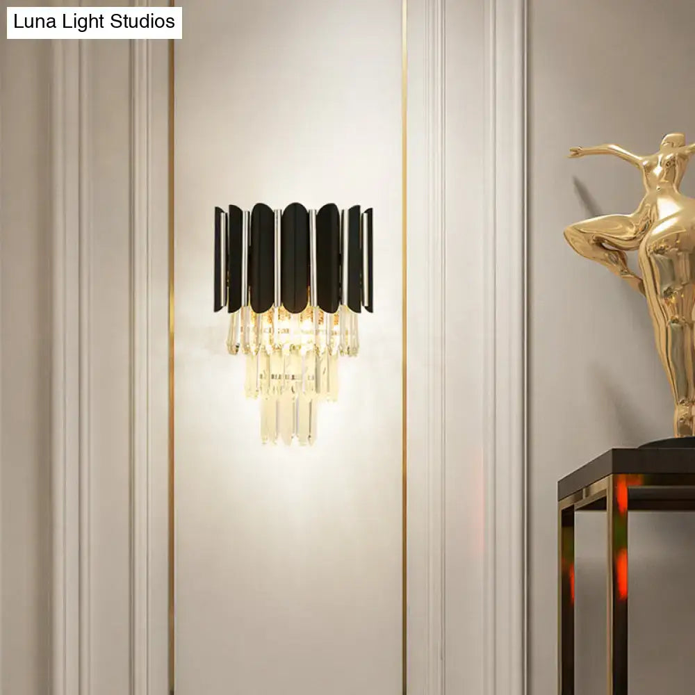 Modern black and clear crystal wall sconce bedroom tiered light