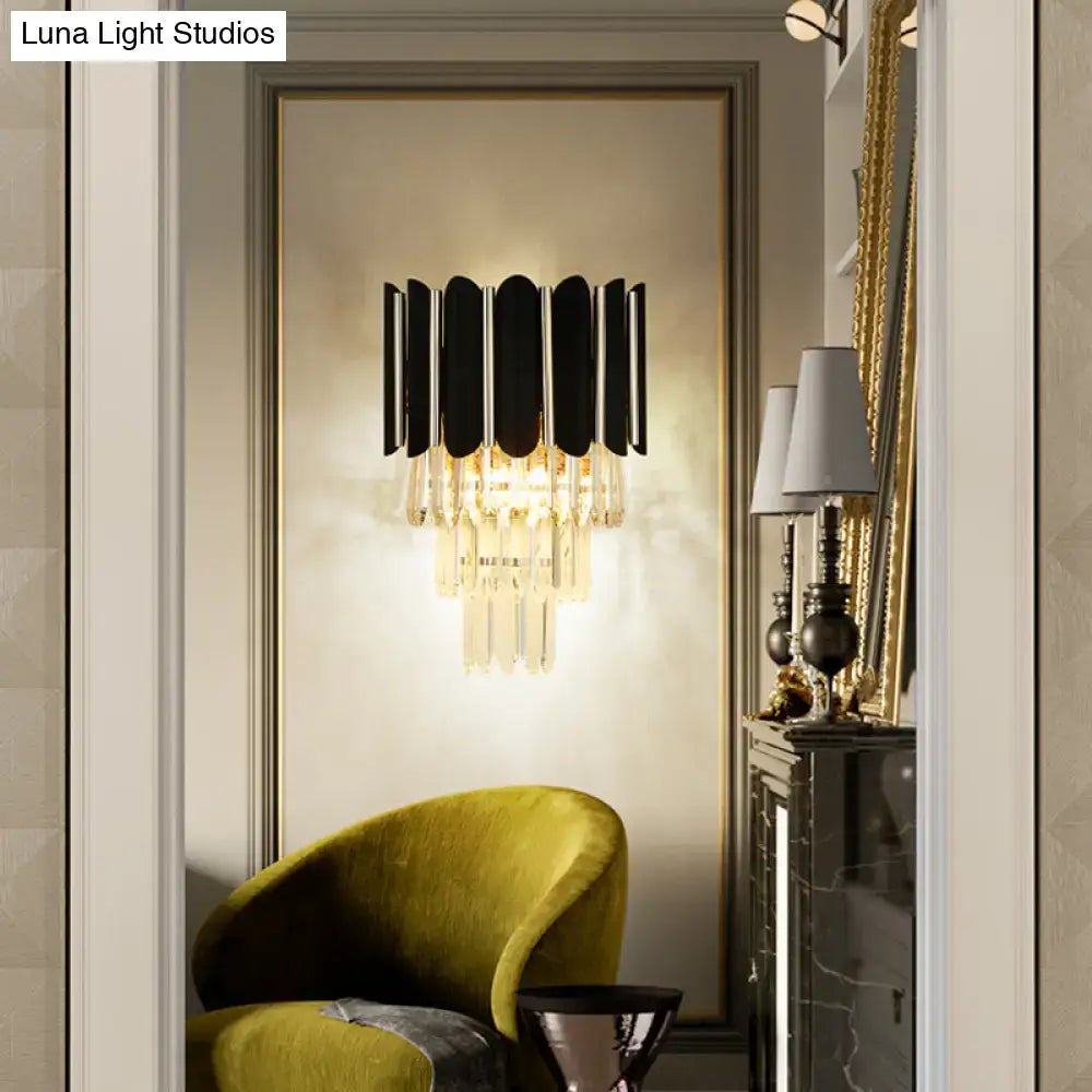 Modern black and clear crystal wall sconce bedroom tiered light