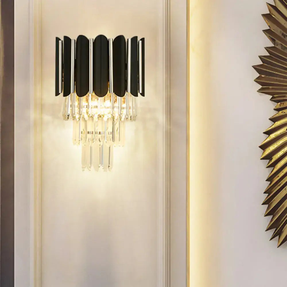 Modern black and clear crystal wall sconce bedroom tiered light