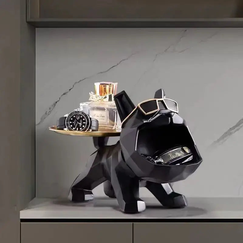Modern black and gold bulldog butler tray living room storage statue