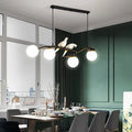 DecorBites™ modern black metal dining room island light pendant with four white glass bulbs, doves, and adjustable cord length