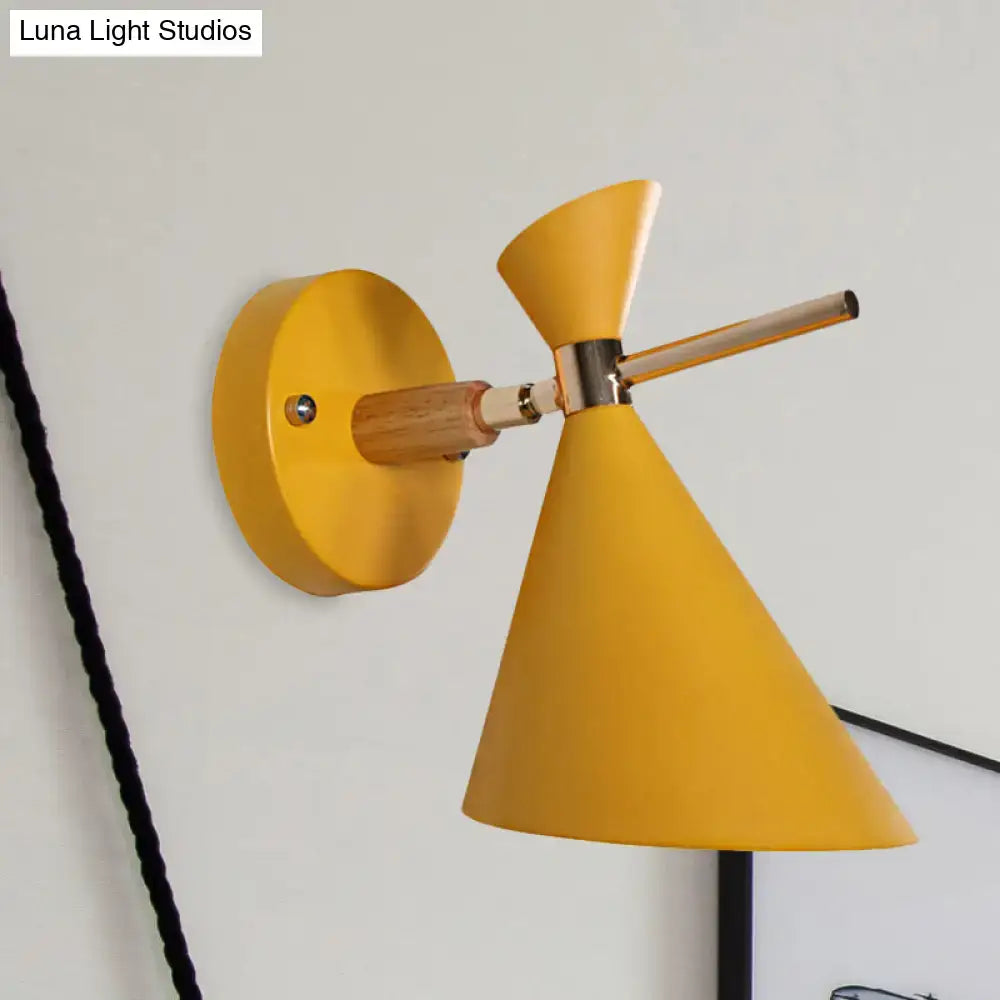 Modern black angle shade wall sconce with wood arm bedroom light