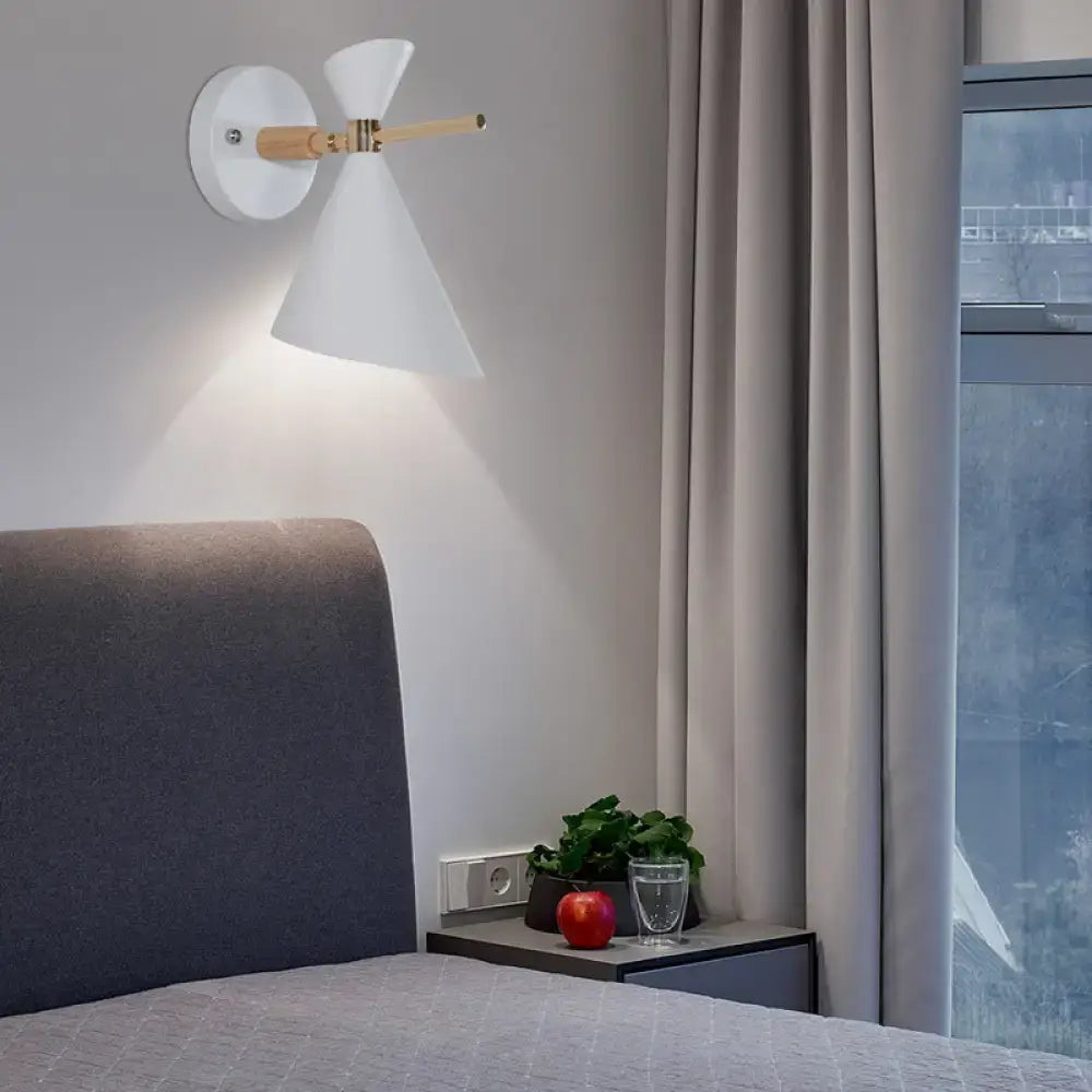Modern black angle shade wall sconce with wood arm bedroom light