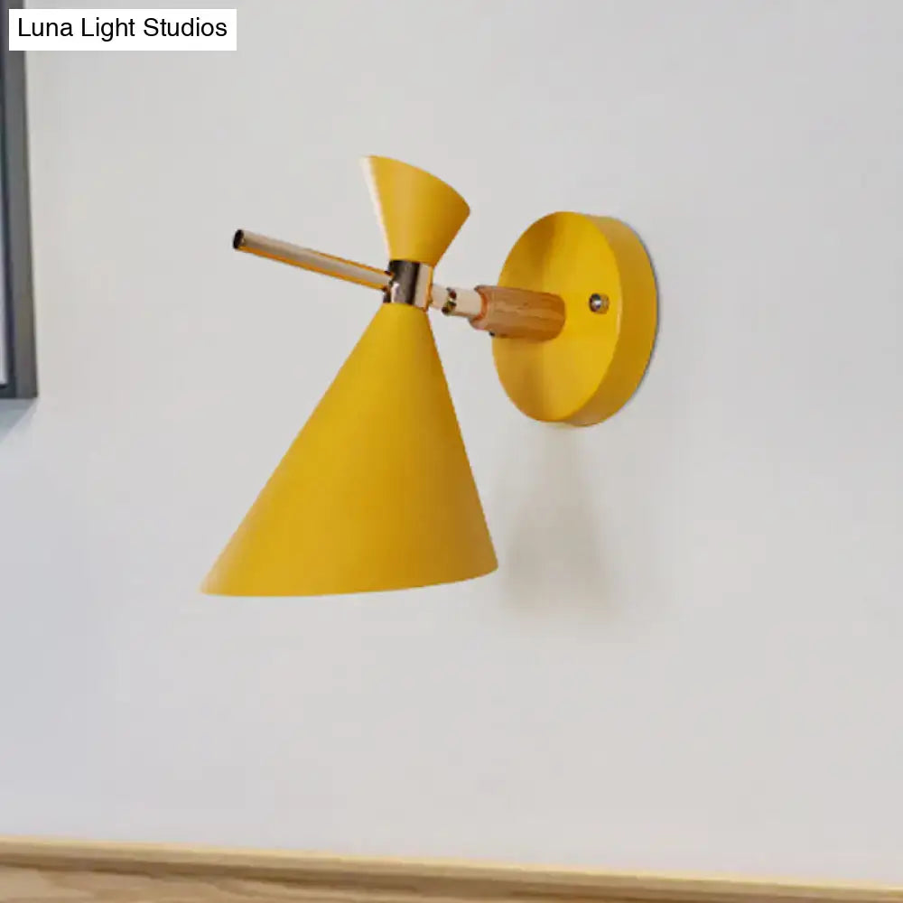 Modern black angle shade wall sconce with wood arm bedroom light