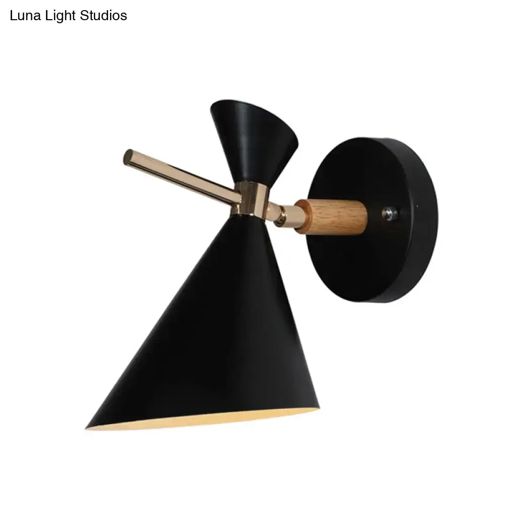 Modern black angle shade wall sconce with wood arm bedroom light