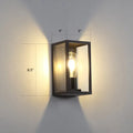 Modern black metal rectangular wall sconce with clear glass panels and exposed filament bulb for box patio wall lighting