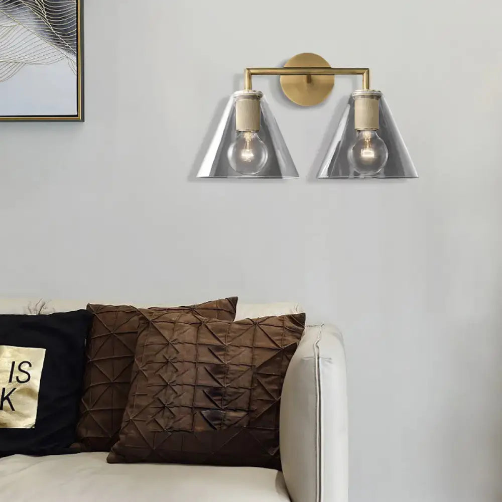 Modern black & brass glass cone wall light bedroom direct wired electric
