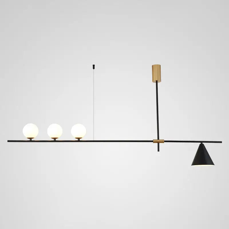 Modern black & brass linear chandelier dining room spherical white glass