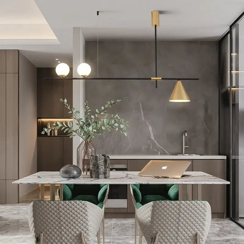 Modern black & brass linear chandelier dining room spherical white glass