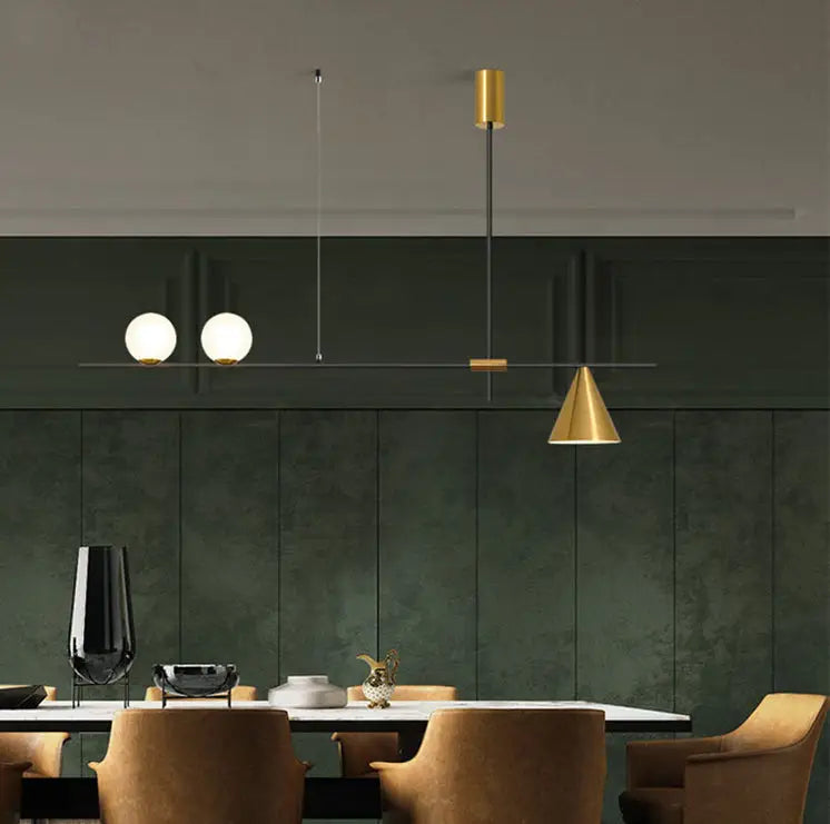 Modern black & brass linear chandelier dining room spherical white glass