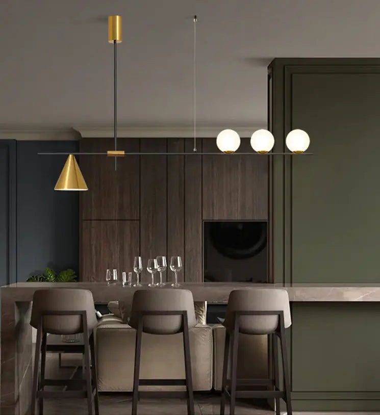 Modern black & brass linear chandelier dining room spherical white glass
