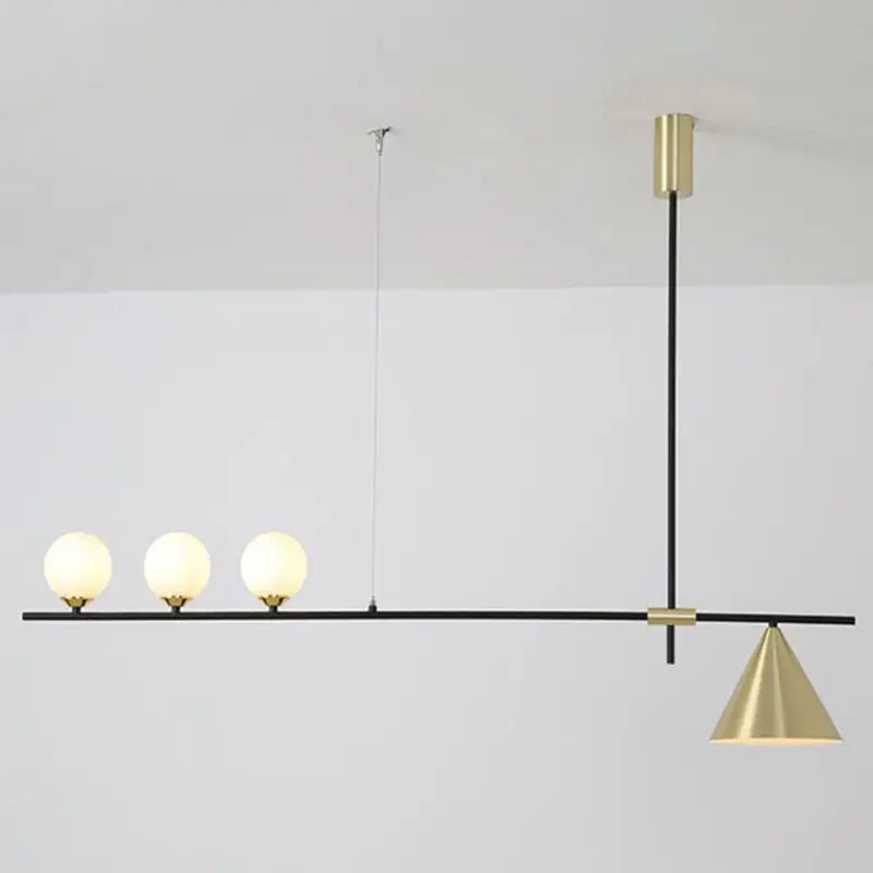 Modern black & brass linear chandelier dining room spherical white glass