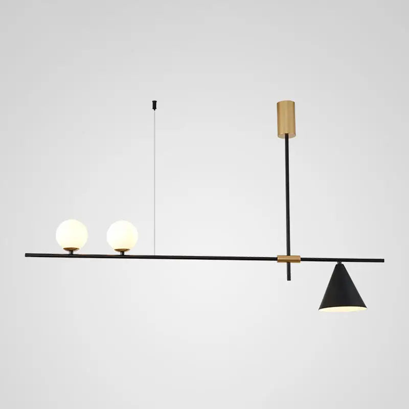 Modern black & brass linear chandelier dining room spherical white glass
