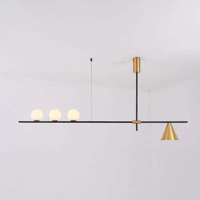 Modern black & brass linear chandelier dining room spherical white glass