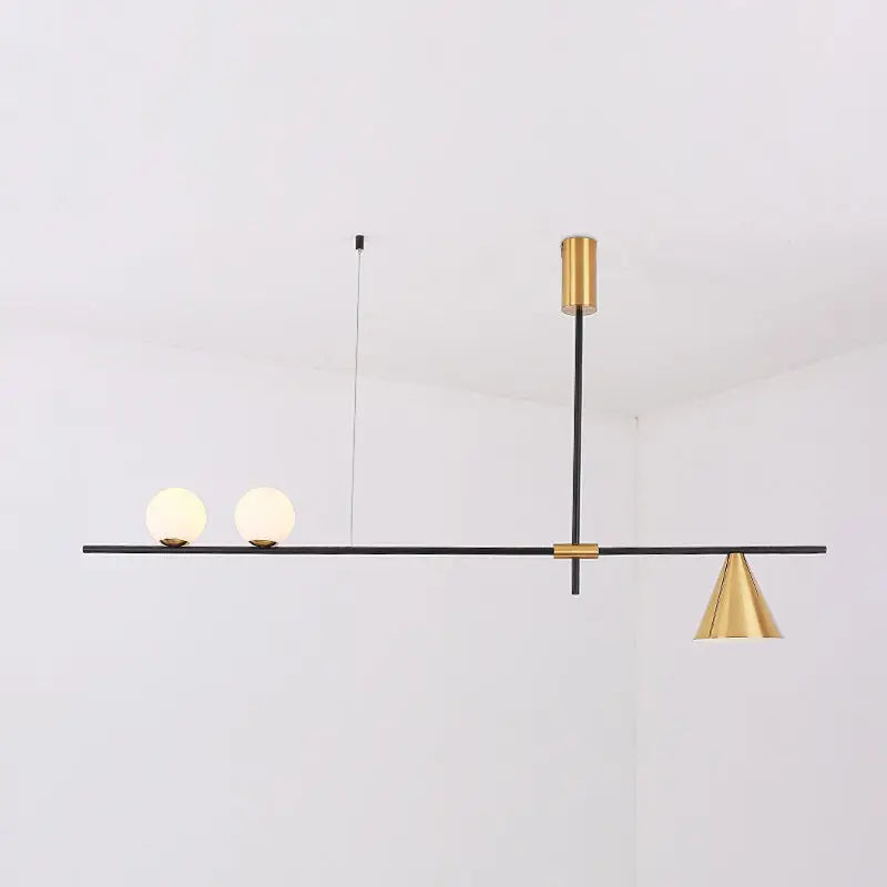 Modern black & brass linear chandelier dining room spherical white glass