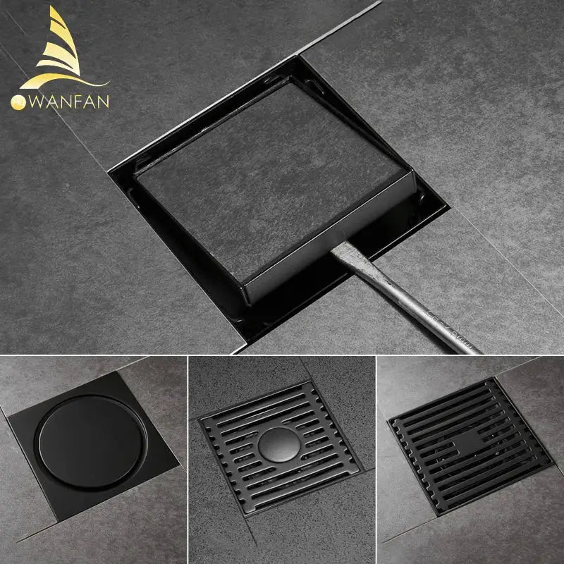 Modern black brass square shower floor drain bathroom hair strainer