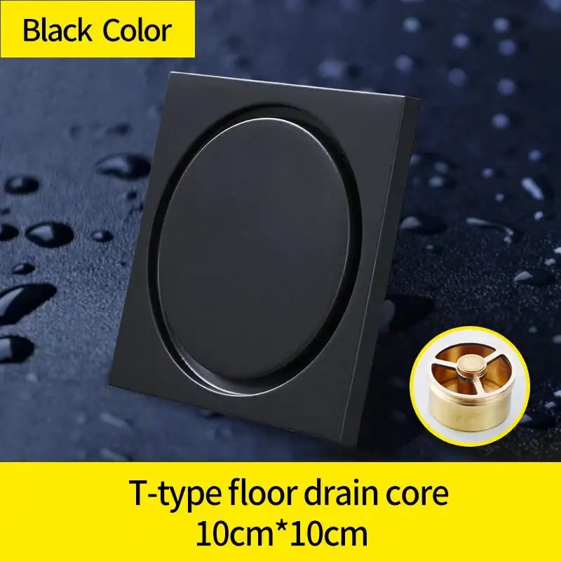 Modern black brass square shower floor drain bathroom hair strainer