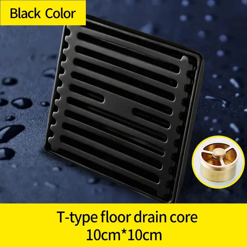 Modern black brass square shower floor drain bathroom hair strainer