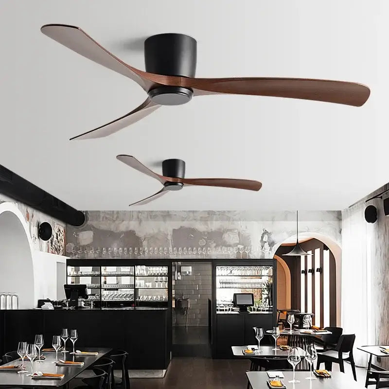 Modern black & brown low profile ceiling fan bedroom with remote