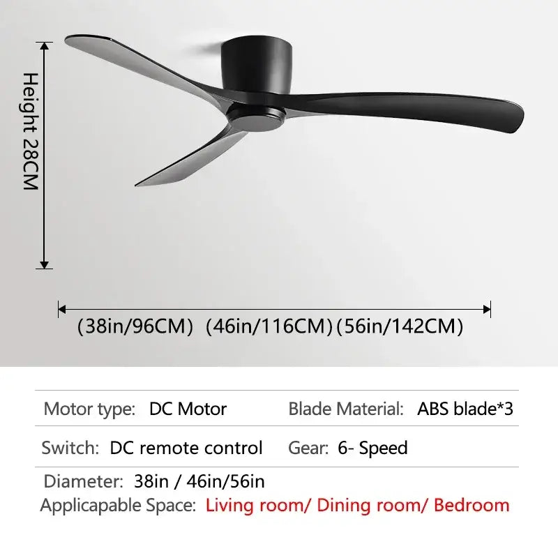 Modern black & brown low profile ceiling fan bedroom with remote