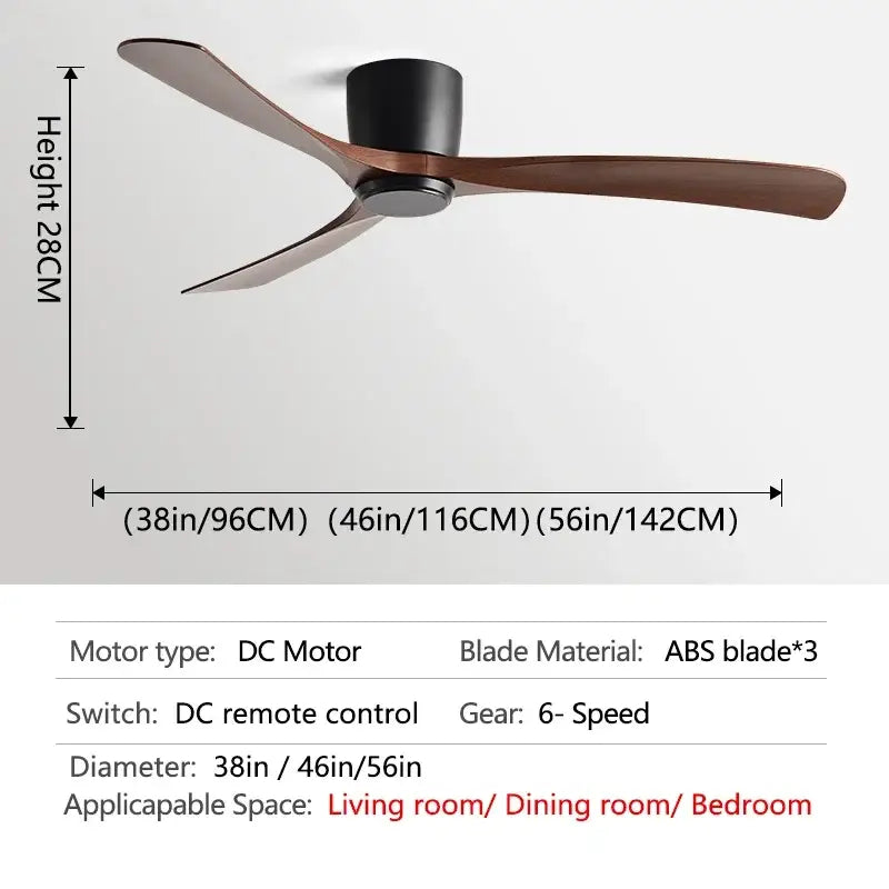 Modern black & brown low profile ceiling fan bedroom with remote