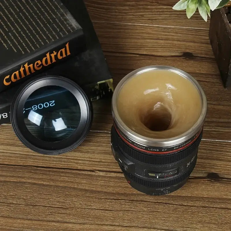 Modern black camera lens cup kitchen self stirring coffee mug