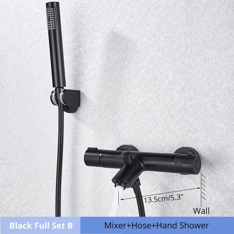 Modern black & chrome thermostatic shower set bathroom rain head