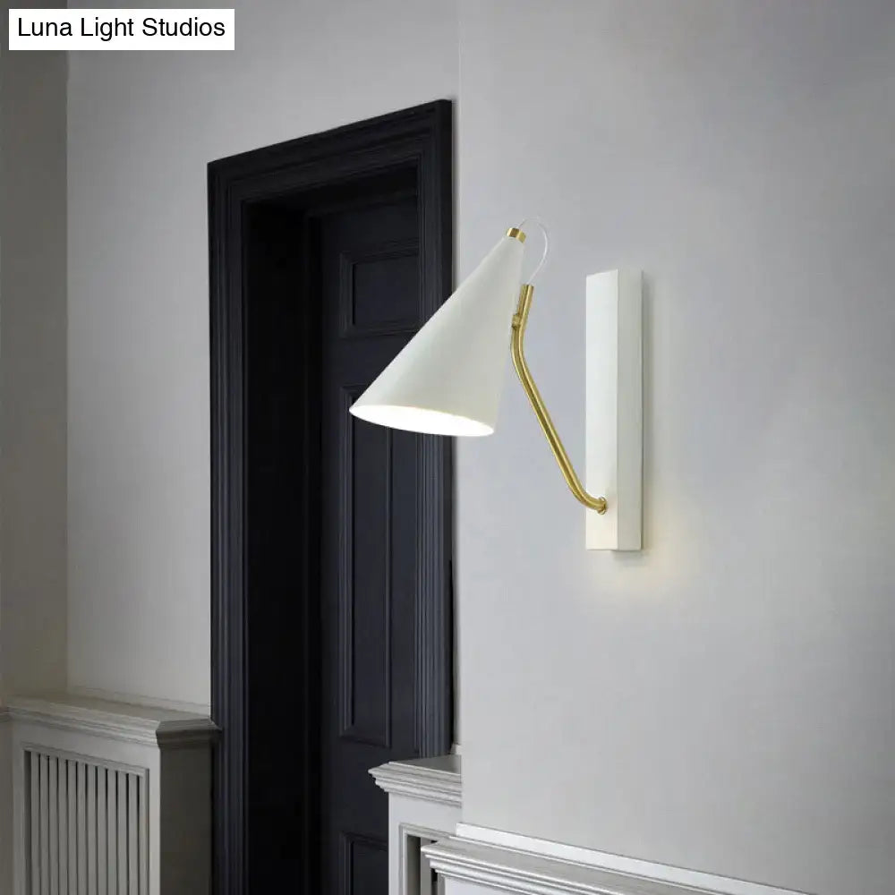 Modern black cone shade wall sconce with brass arm – bedroom light