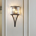 Elegant modern black crystal wall sconce with curved leaf base and vertical prisms for bedroom wall mounted lighting wall lamp