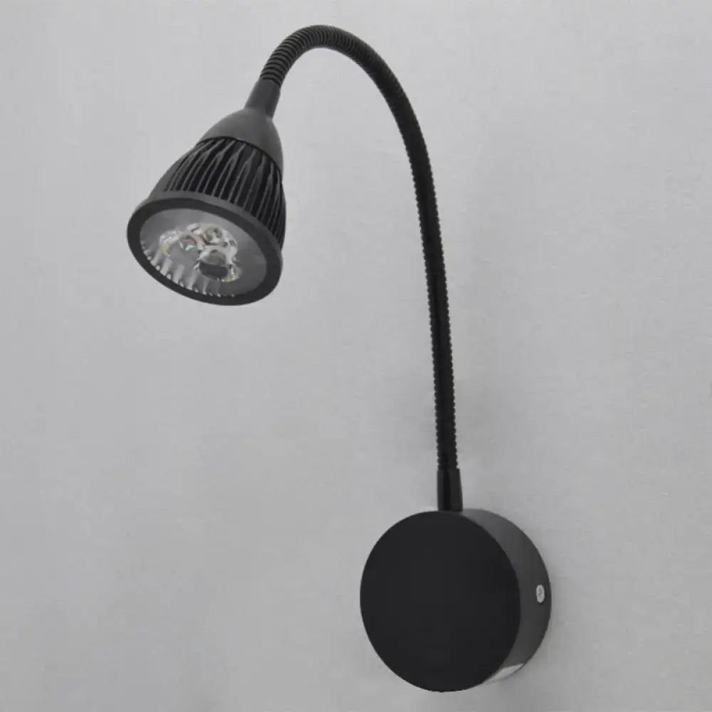 Black finish metal shade wall lamp with flexible gooseneck and ribbed led head for warm white bedroom lighting
