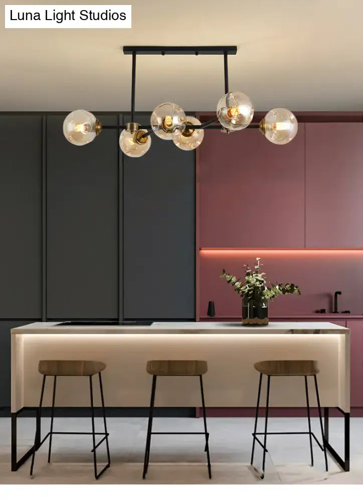Modern black glass island pendant light with brass dining room 6 light