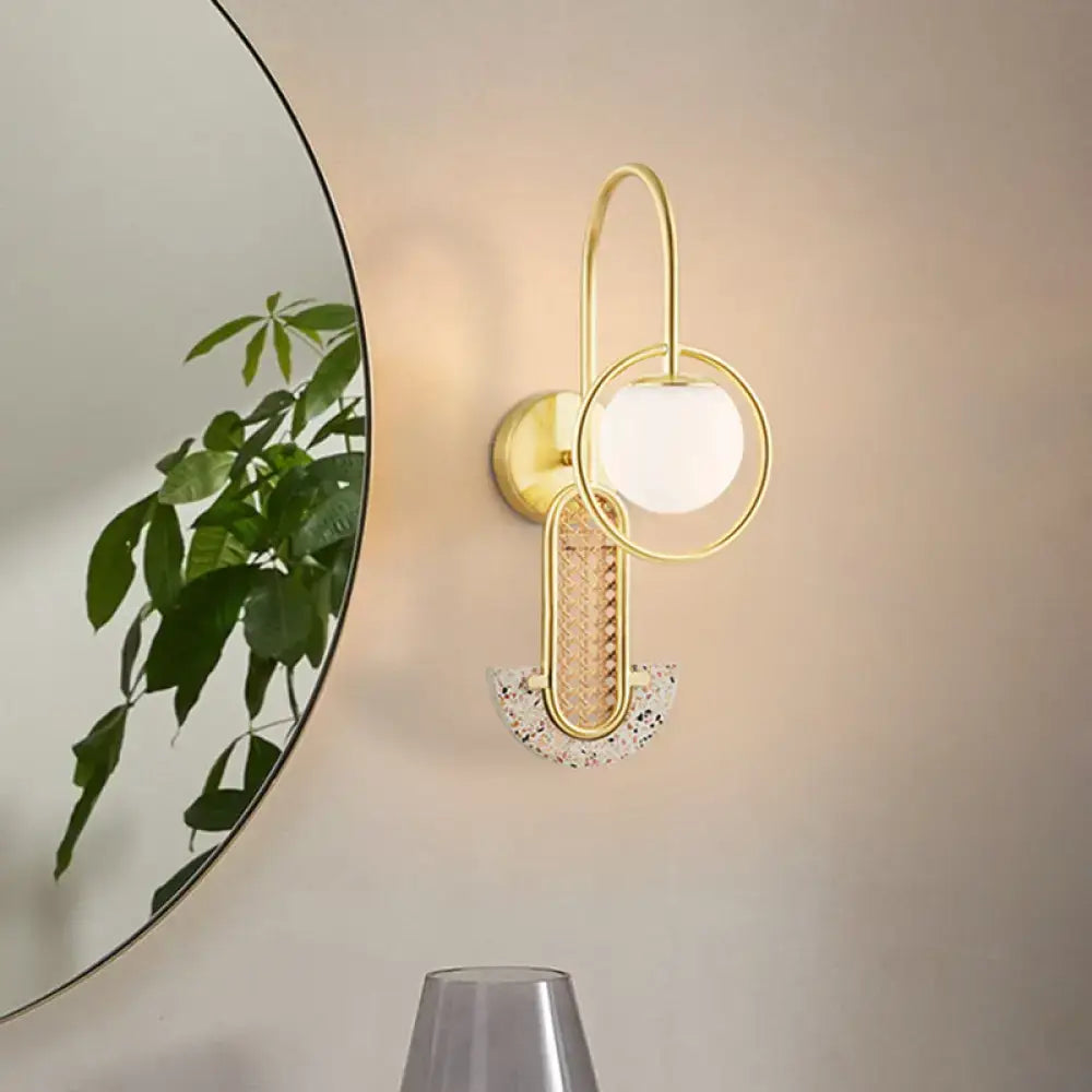 Modern black & gold opal glass ball wall sconce bedroom light