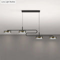 Modern black round pendant light with sleek curved metal arms and four circular led bulbs for 220v-240v 110v-120v use