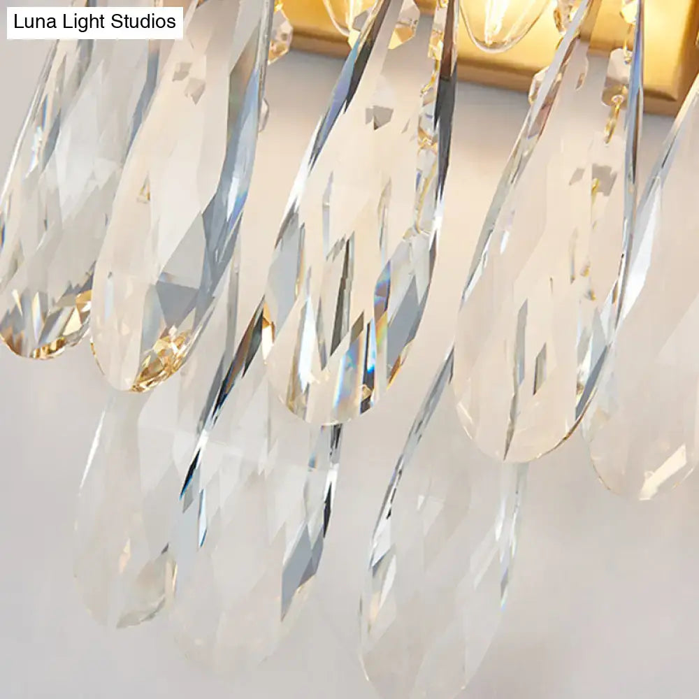 Modern black & gold wall lamp with clear crystal teardrop bedroom sconce