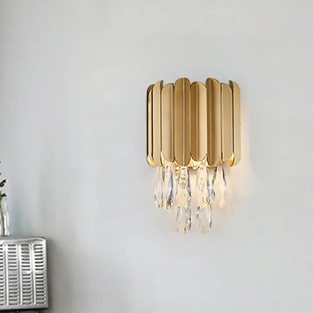 Modern black & gold wall lamp with clear crystal teardrop bedroom sconce