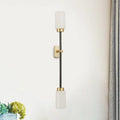 Modern black & gold wall sconce with white glass shade living room