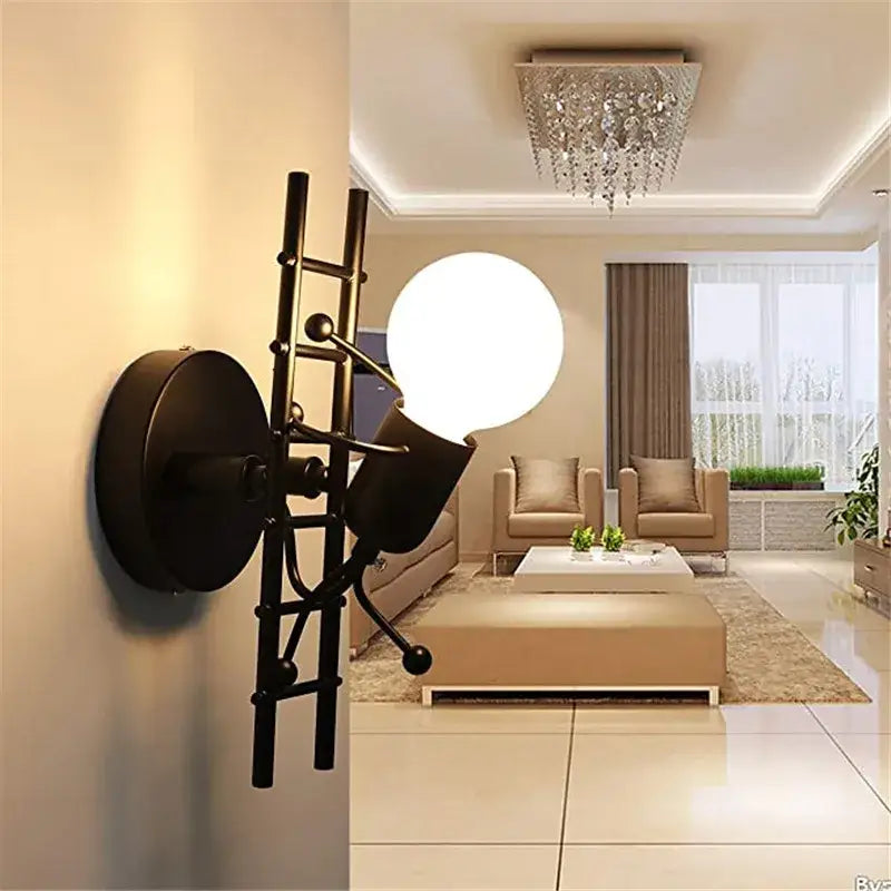 Modern black iron cartoon doll wall sconce kids bedroom ladder light