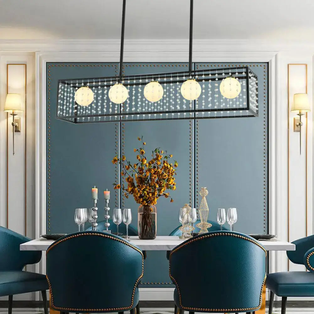 Modern black island light with white glass and crystals kitchen chandelier