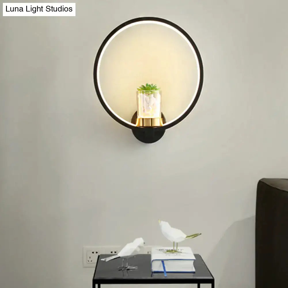 Modern black led light circular wall sconce with plant vase bedroom