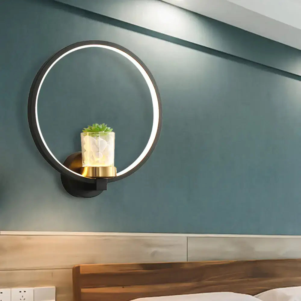 Modern black led light circular wall sconce with plant vase bedroom