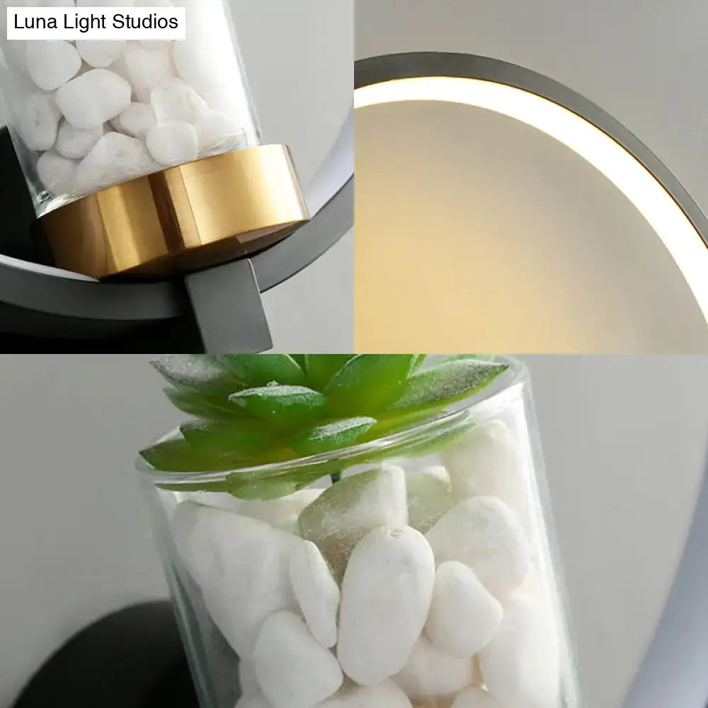Modern black led light circular wall sconce with plant vase bedroom