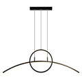 Modern black metal hanging light fixture with linear design and curved led arm emitting warm ambient glow for dining room