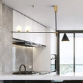 Modern black metal island lamp with opal glass shade featuring two spherical frosted bulbs and gold-toned fixtures