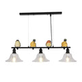 Modern black metal island pendant light with four colorful bird figurines and three clear glass shades 110v-120v