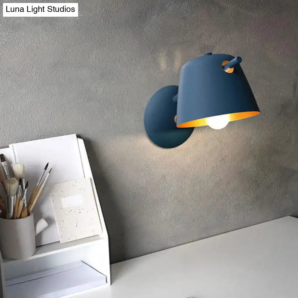Modern black metal shade wall sconce with white & blue bedroom light