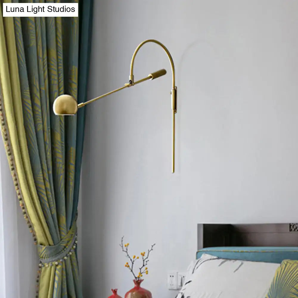 Modern black metal sphere wall sconce with curved arm bedroom light