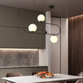 Modern black metal minimalist ellipse ceiling light with three glowing white globes for living room use